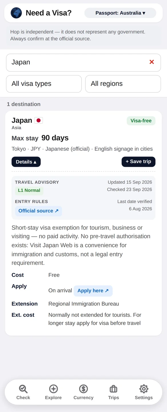 Hop showing entry rules for Japan on an Australian passport